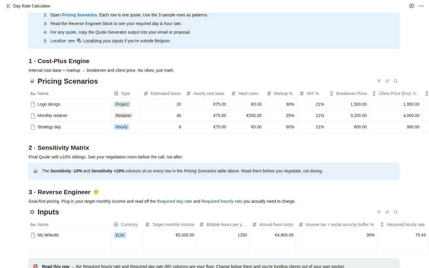 Day Rate Calculator dashboard